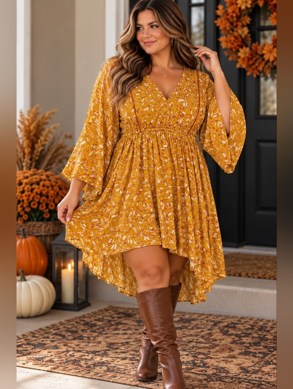 Boho Collective Mustard Floral Bell Sleeve High Low Dress Size Large